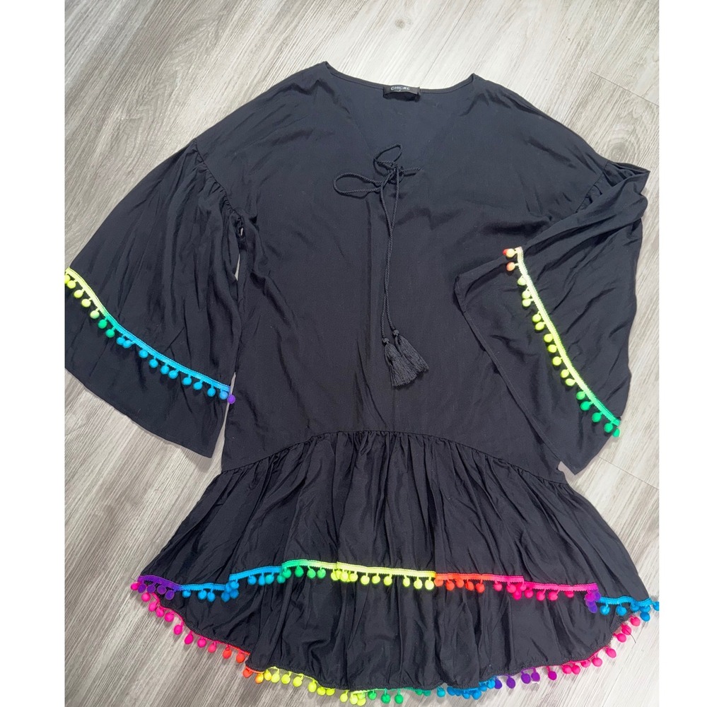 ChicMe Black Rainbow Pom Pom Tassel Tiered Mini Dress Tunic Top Small ODS2156C